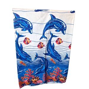 Vtg Dolphin Coral Fish Jellyfish Nylon Blnd Blnket White Blue Coastal 90x60 TWIN
